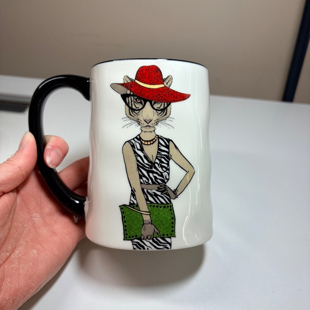 Signature Housewares Fashionable‎ Tiger Stoneware Mug Zebra Dress Red Hat Wavy